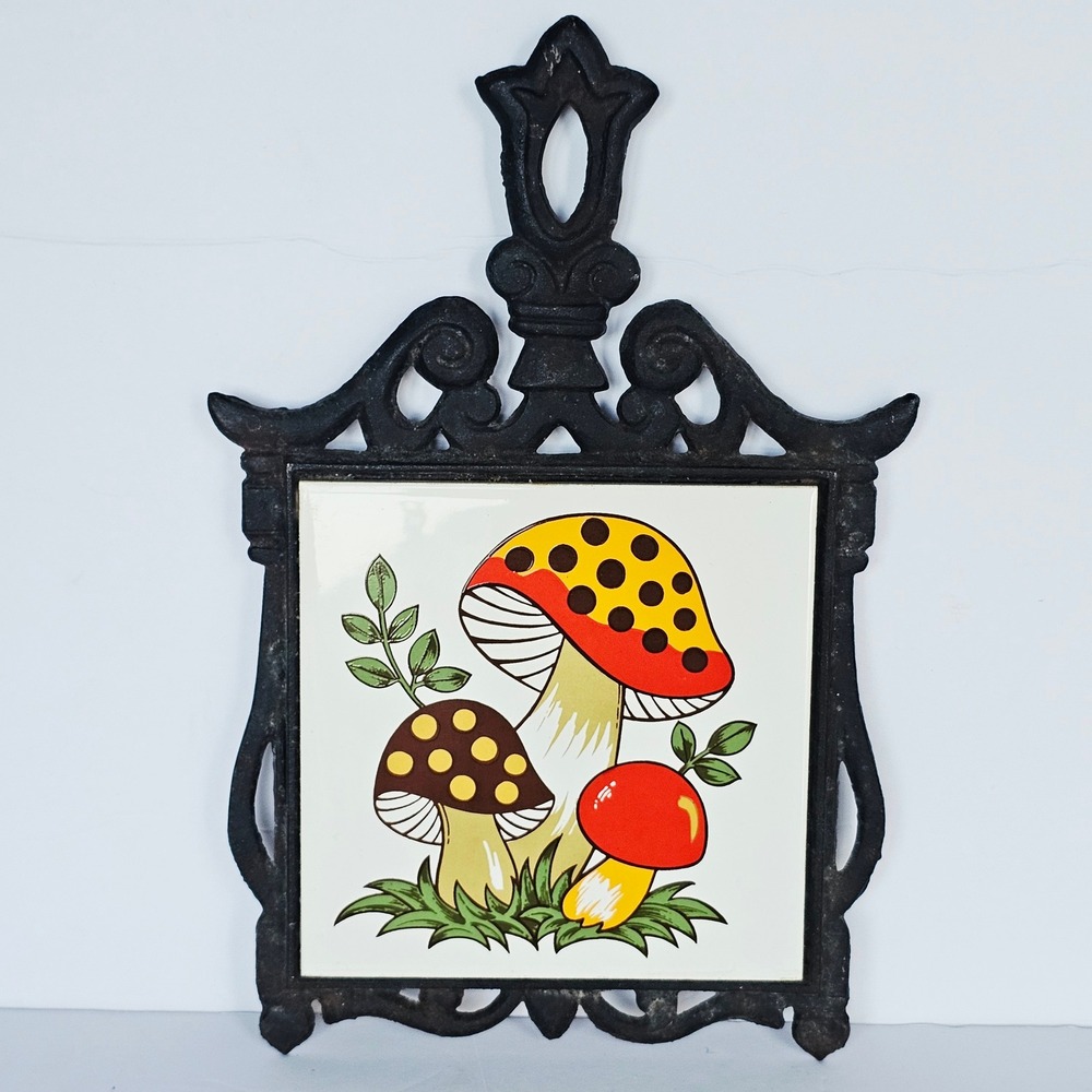 1970 Sears Roebuck Merry Mushroom Trivet Cast Iron Ceramic Tile Wall Decor Retro